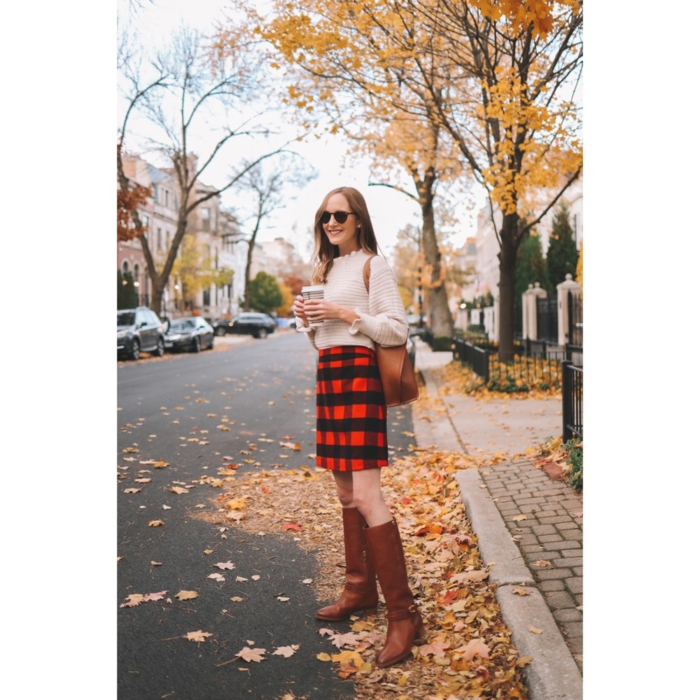 J Crew Factory Buffalo Check Wool Blend Skirt A-Line Red & Black Sz 8